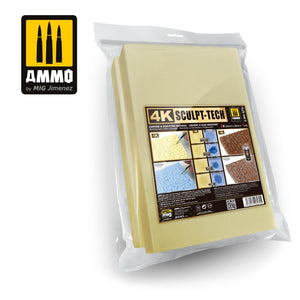 AMMO by MIG 4k Sculp-Tech (MIG8270) showcasing two sheets of high-detail modeling surface for intricate scale model and miniature sculpting
