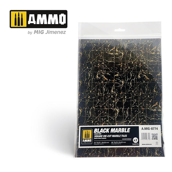 AMMO by MIG Black Marble Square Die-cut Tiles (MIG8774) showcasing precise, pre-cut black marble texture tiles for detailed and luxurious scale modeling and dioramas
