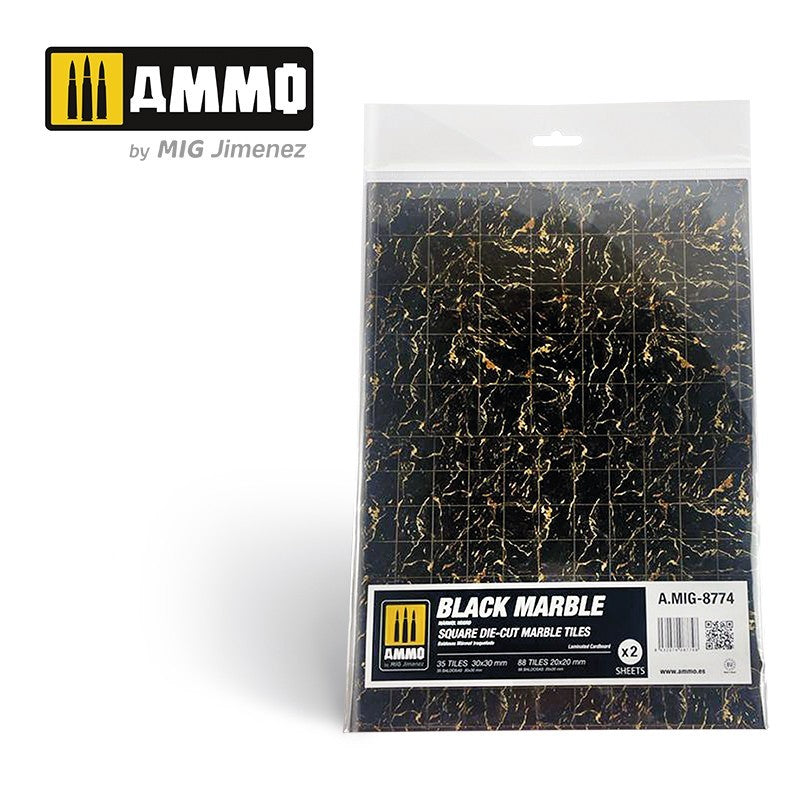 AMMO by MIG Black Marble Square Die-cut Tiles (MIG8774) showcasing precise, pre-cut black marble texture tiles for detailed and luxurious scale modeling and dioramas
