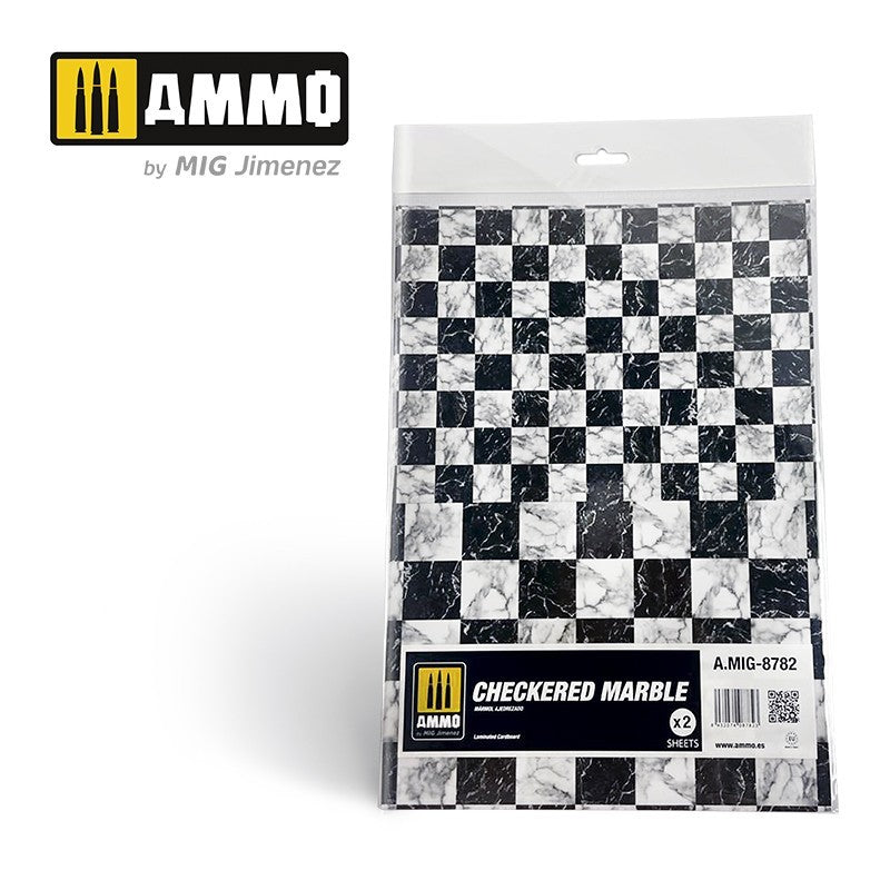 AMMO by MIG Checkered Marble Sheets (MIG8782) showcasing striking checkered marble texture on two sheets for distinctive scale modeling and dioramas
