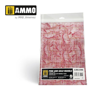 AMMO by MIG Pink and Gold Marble Square Die-cut Tiles (MIG8786) showcasing precise, pre-cut pink marble texture tiles with gold veining for luxurious scale modeling and dioramas
