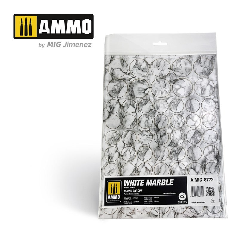 AMMO by MIG White Marble Round Die-cut Bases (MIG8772) displaying precise, pre-cut circular marble texture bases for wargaming miniatures and tabletop gaming
