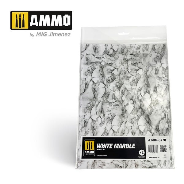 AMMO by MIG White Marble Sheets (MIG8770) displaying realistic marble texture on two sheets for scale modeling and dioramas
