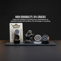 Aves Apoxie Sculpt Black 1/4 lb promotional image highlighting high durability and zero cracks with retail pack opened sample cups and a finished black sculpture