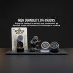 Aves Apoxie Sculpt Black 1/4 lb promotional image highlighting high durability and zero cracks with retail pack opened sample cups and a finished black sculpture