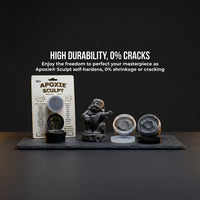 Aves Apoxie Sculpt Black 1/4 lb promotional image highlighting high durability and zero cracks with retail pack opened sample cups and a finished black sculpture
