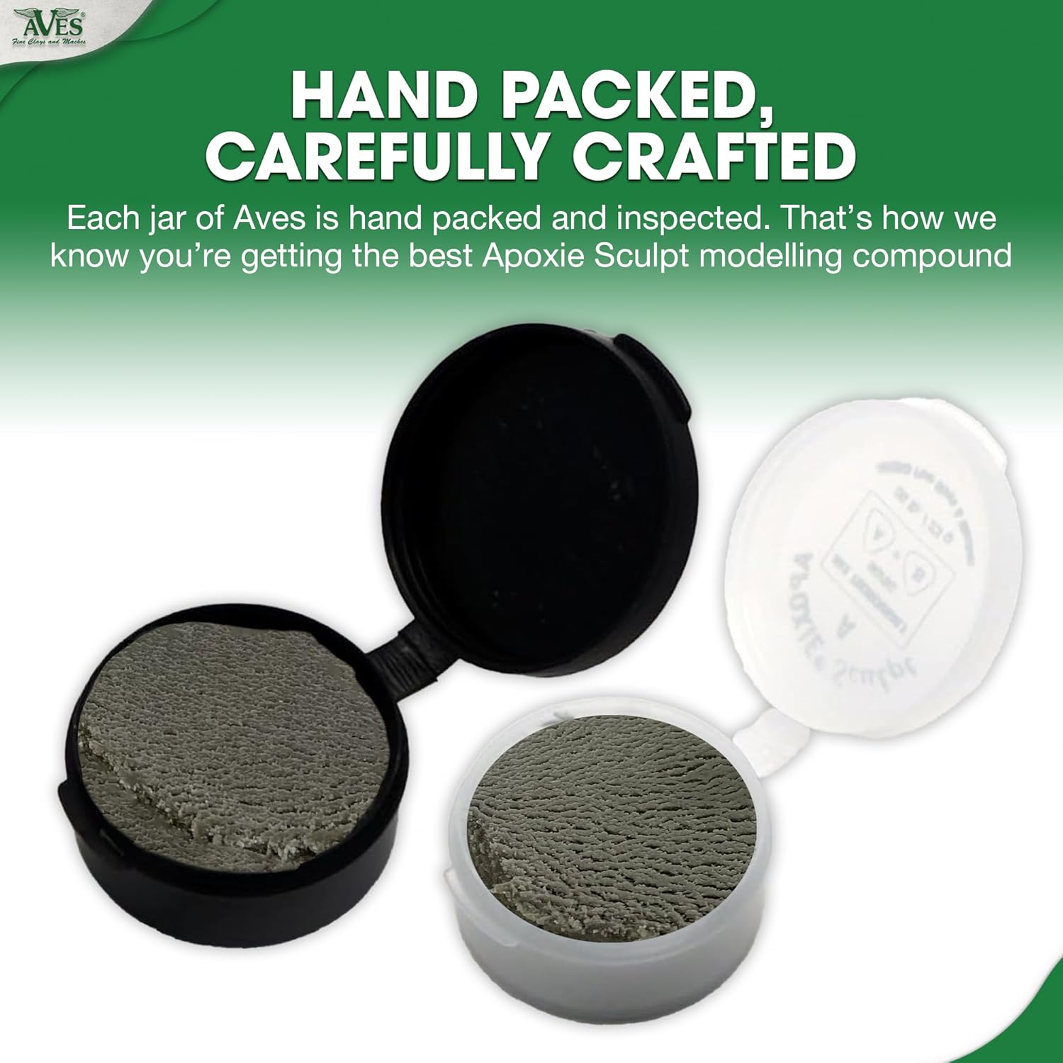 Aves Apoxie Sculpt Natural 1/4 lb hand packed carefully crafted image showing Part A and Part B sample cups with the natural coloured modeling compound before mixing