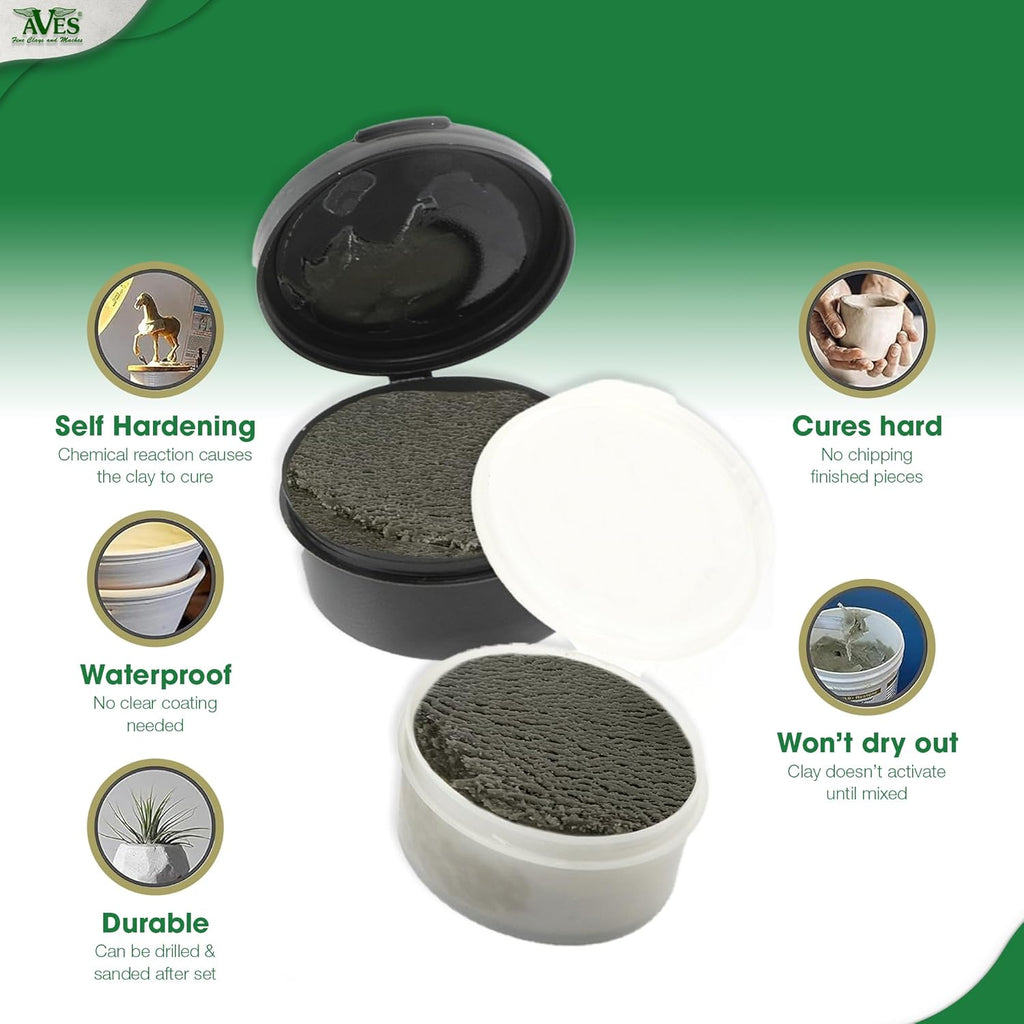 Aves Apoxie Sculpt Natural 1/4 lb key features graphic showing self hardening waterproof durable cure hard and wont dry out benefits with Part A and Part B sample cups