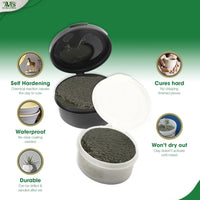 Aves Apoxie Sculpt Natural 1/4 lb key features graphic showing self hardening waterproof durable cure hard and wont dry out benefits with Part A and Part B sample cups
