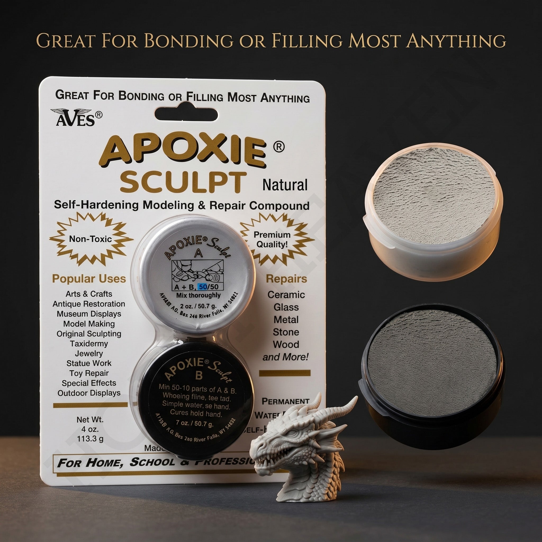 Aves Apoxie Sculpt Natural 1/4 lb product packaging image with retail blister card Part A and Part B sample cups close up views of the natural modelling compound and a sculpted dragon head
