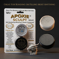 Aves Apoxie Sculpt Natural 1/4 lb product packaging image with retail blister card Part A and Part B sample cups close up views of the natural modelling compound and a sculpted dragon head
