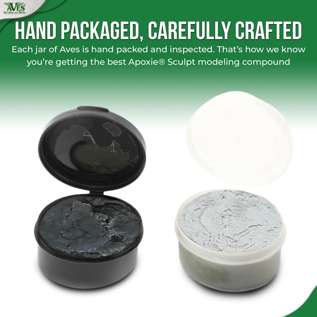 Aves Apoxie Sculpt White 1/4 lb hand packaged carefully crafted graphic showing Part A and Part B components with close-up views of the compound before mixing