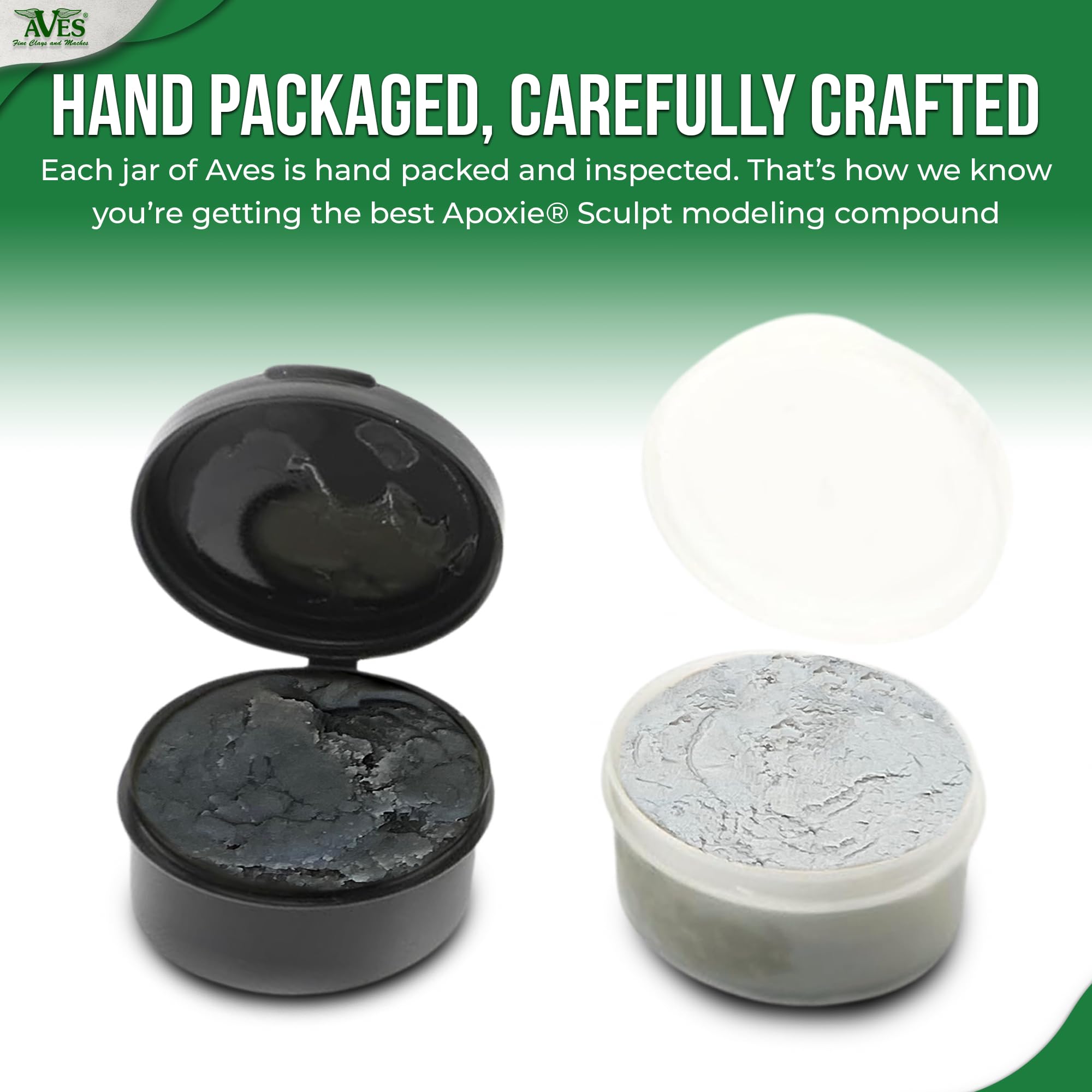 Aves Apoxie Sculpt White 1/4 lb hand packaged carefully crafted graphic showing Part A and Part B components with close-up views of the compound before mixing