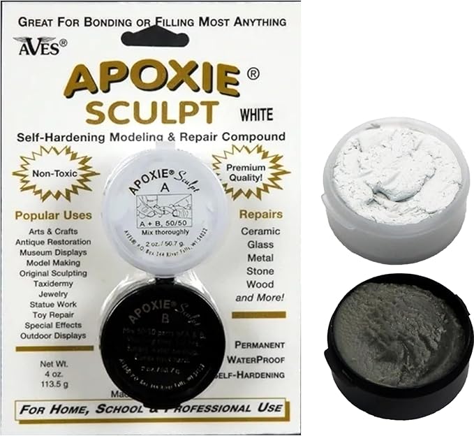 Aves Apoxie Sculpt White 1/4 lb hero product image with retail blister packaging, opened Part A and Part B sample tubs, and a white rose on a dark background