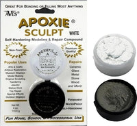 Aves Apoxie Sculpt White 1/4 lb hero product image with retail blister packaging, opened Part A and Part B sample tubs, and a white rose on a dark background
