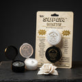 Aves Apoxie Super White 1/4 lb product packaging image showing retail blister pack with Part A and Part B sample cups and finished white sculpted rose