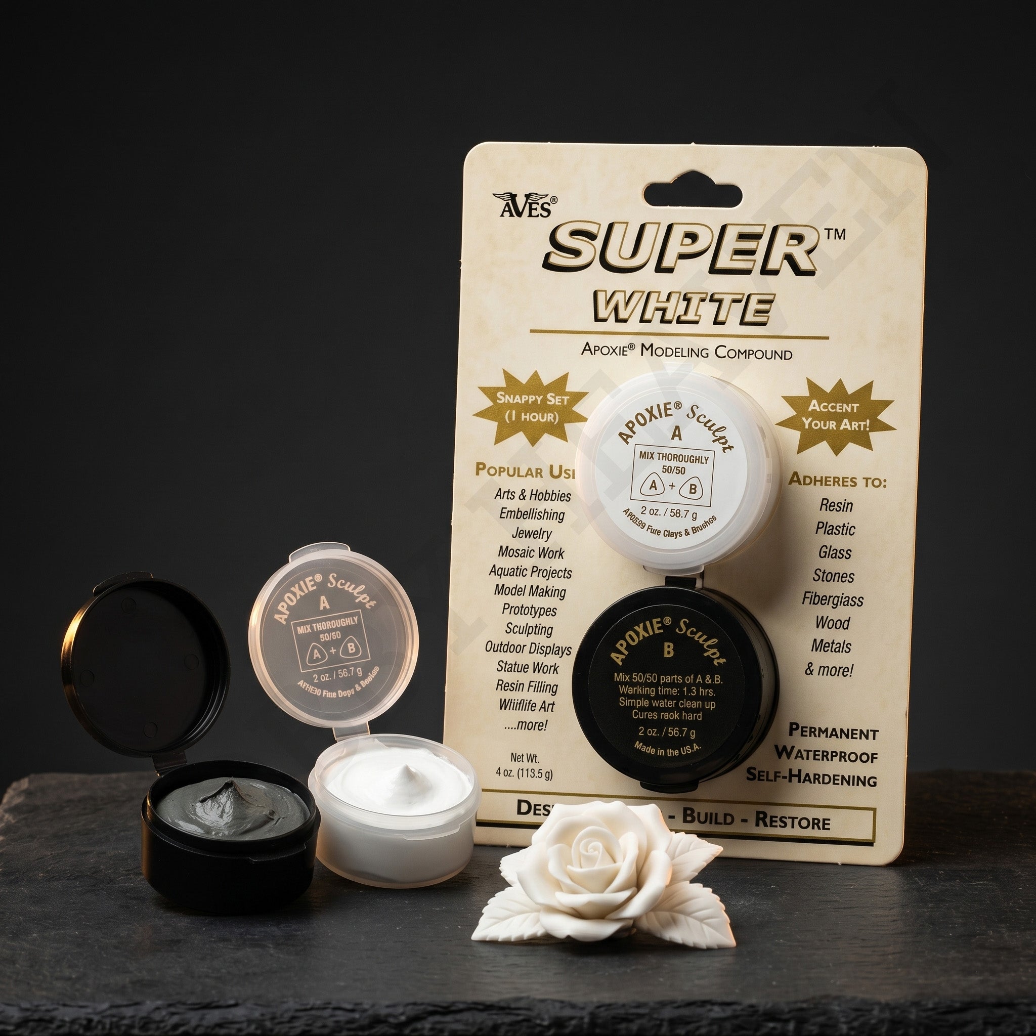Aves Apoxie Super White 1/4 lb product packaging image showing retail blister pack with Part A and Part B sample cups and finished white sculpted rose