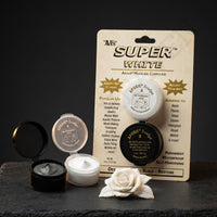 Aves Apoxie Super White 1/4 lb product packaging image showing retail blister pack with Part A and Part B sample cups and finished white sculpted rose
