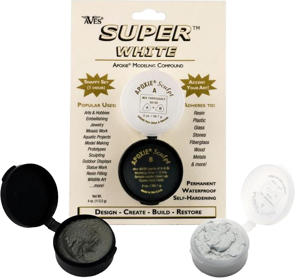 Aves Apoxie Super White 1/4 lb retail pack image showing blister card packaging with opened Part A and Part B sample cups of fast setting modelling compound
