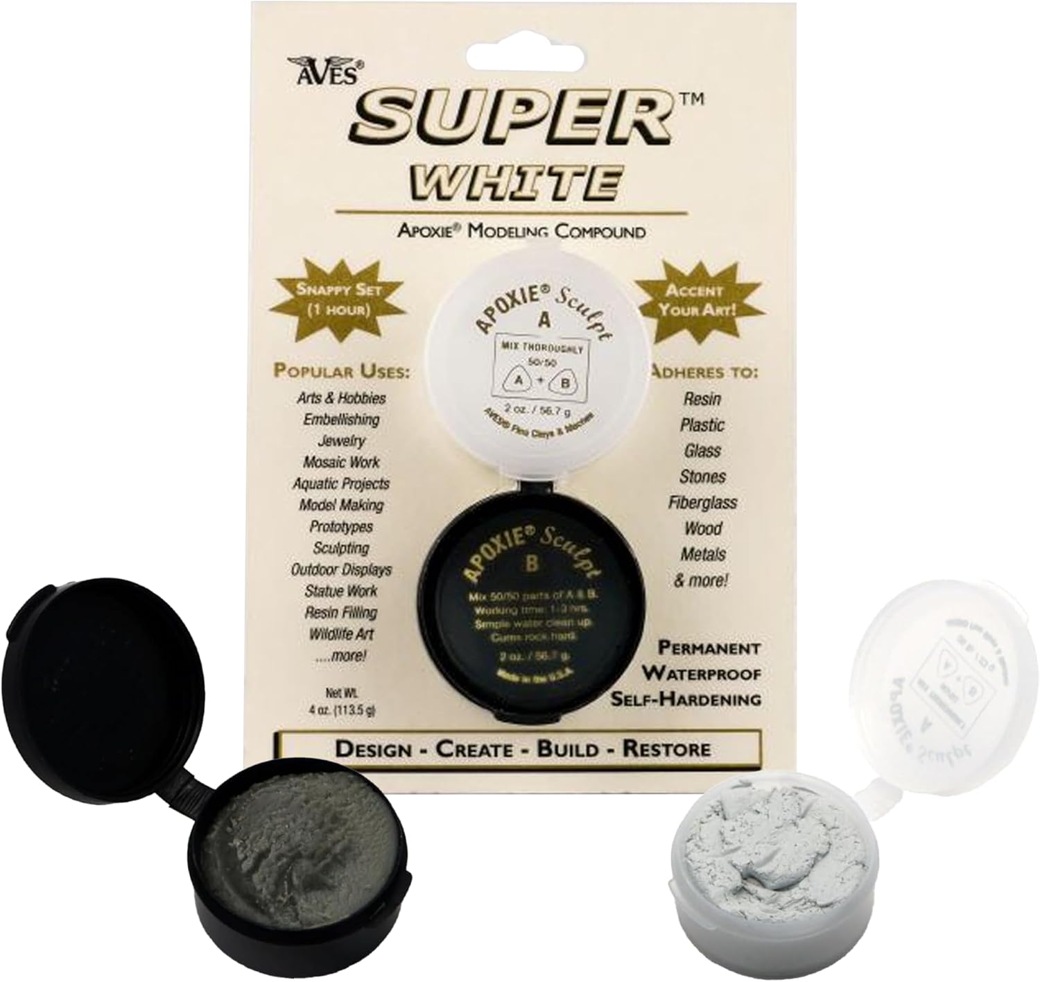 Aves Apoxie Super White 1/4 lb retail pack image showing blister card packaging with opened Part A and Part B sample cups of fast setting modelling compound