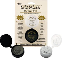 Aves Apoxie Super White 1/4 lb retail pack image showing blister card packaging with opened Part A and Part B sample cups of fast setting modelling compound
