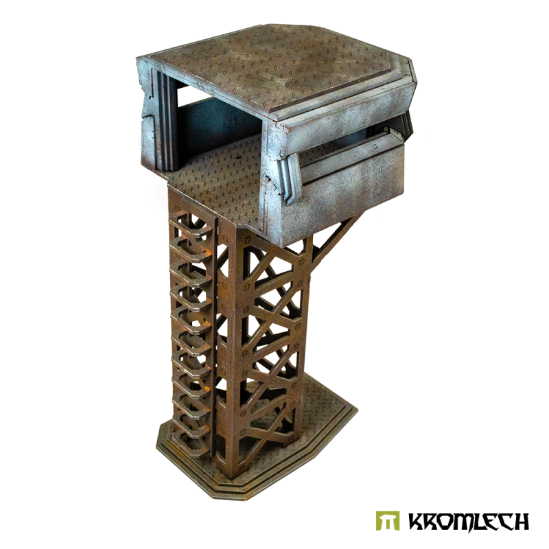 The tower built with its cabin walls left off: the roof on corner posts, a ladder up the lattice leg