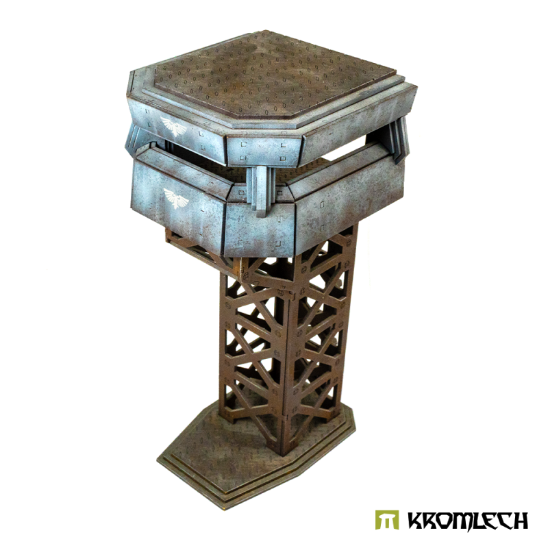 Kromlech Aquila Sentry Tower, painted: armoured cabin with vision slits on a rust-coloured lattice leg