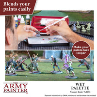 Army Painter Wet Palette in use with mixed acrylic paints and brushes.
