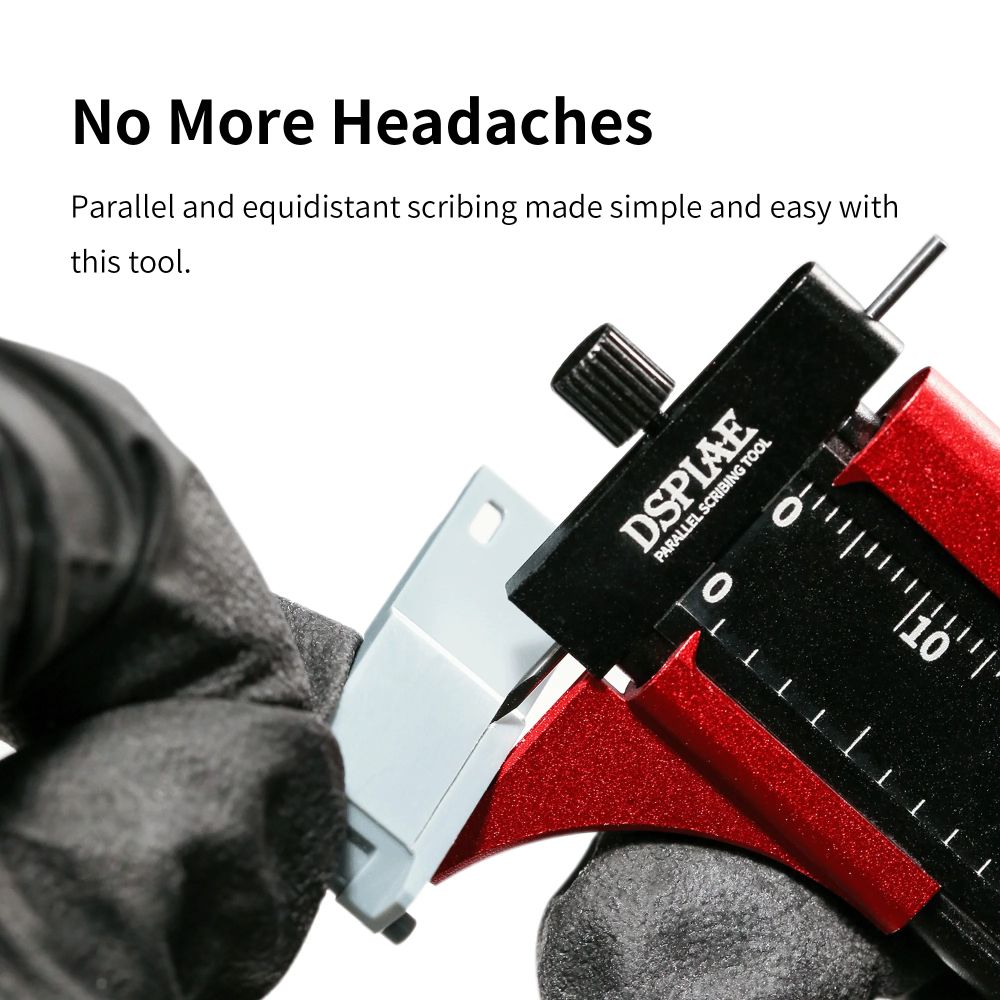Maker's graphic: the AT-PST guide held against a grey plastic part while the pin scribes a parallel line