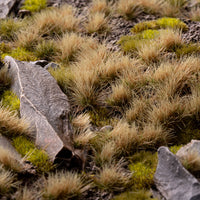 Realistic diorama featuring Autumn 5mm - Small Tufts, showcasing a diverse landscape with sand dunes, mountain steppes, and autumn transition areas, demonstrating the product's effectiveness in creating authentic water-stressed environments
