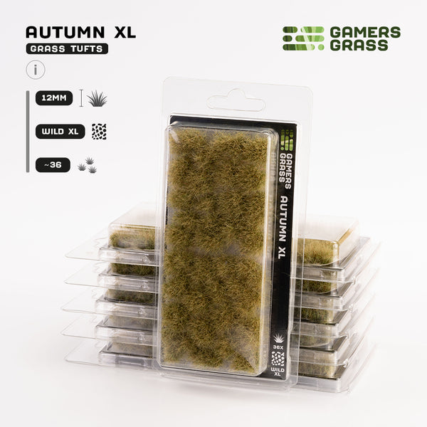 Gamers Grass Autumn XL 12mm - Wild XL Tufts packaging, featuring Mediterranean landscape and autumnal woodland imagery