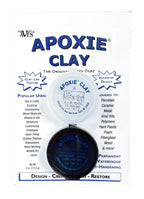 Aves Apoxie Clay 4 oz blister pack on white: Part A and Part B jars with the popular-uses and adheres-to lists