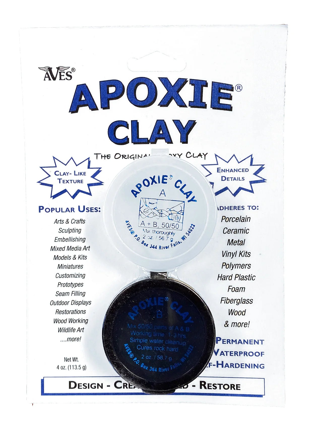 Aves Apoxie Clay 4 oz blister pack on white: Part A and Part B jars with the popular-uses and adheres-to lists