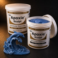 Aves Apoxie Sculpt 4lb Blue — large Part A and Part B tubs with blue putty visible, alongside a detailed sculpted dolphin leaping from a cresting ocean wave
