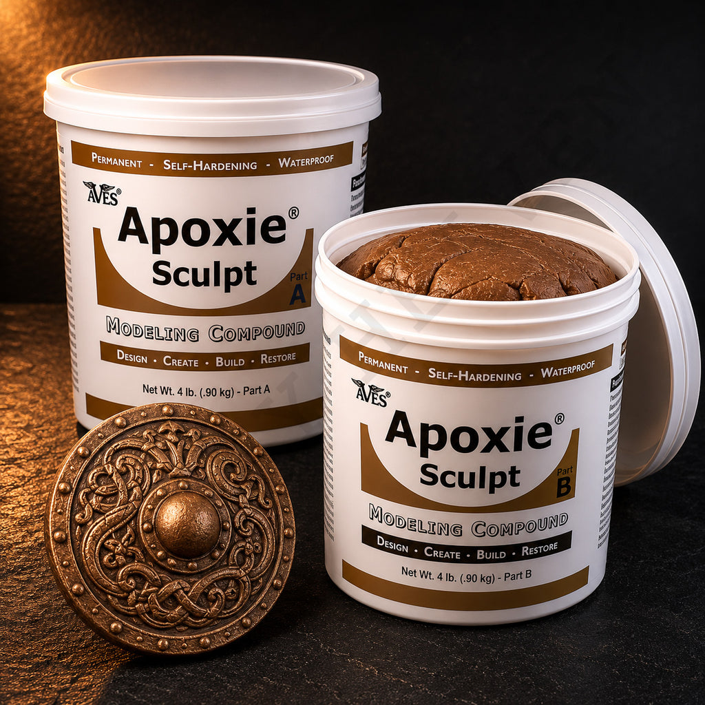 Aves Apoxie Sculpt 4lb Bronze — large Part A and Part B tubs with bronze putty visible, alongside a detailed sculpted ornate shield boss with Celtic knotwork patterns