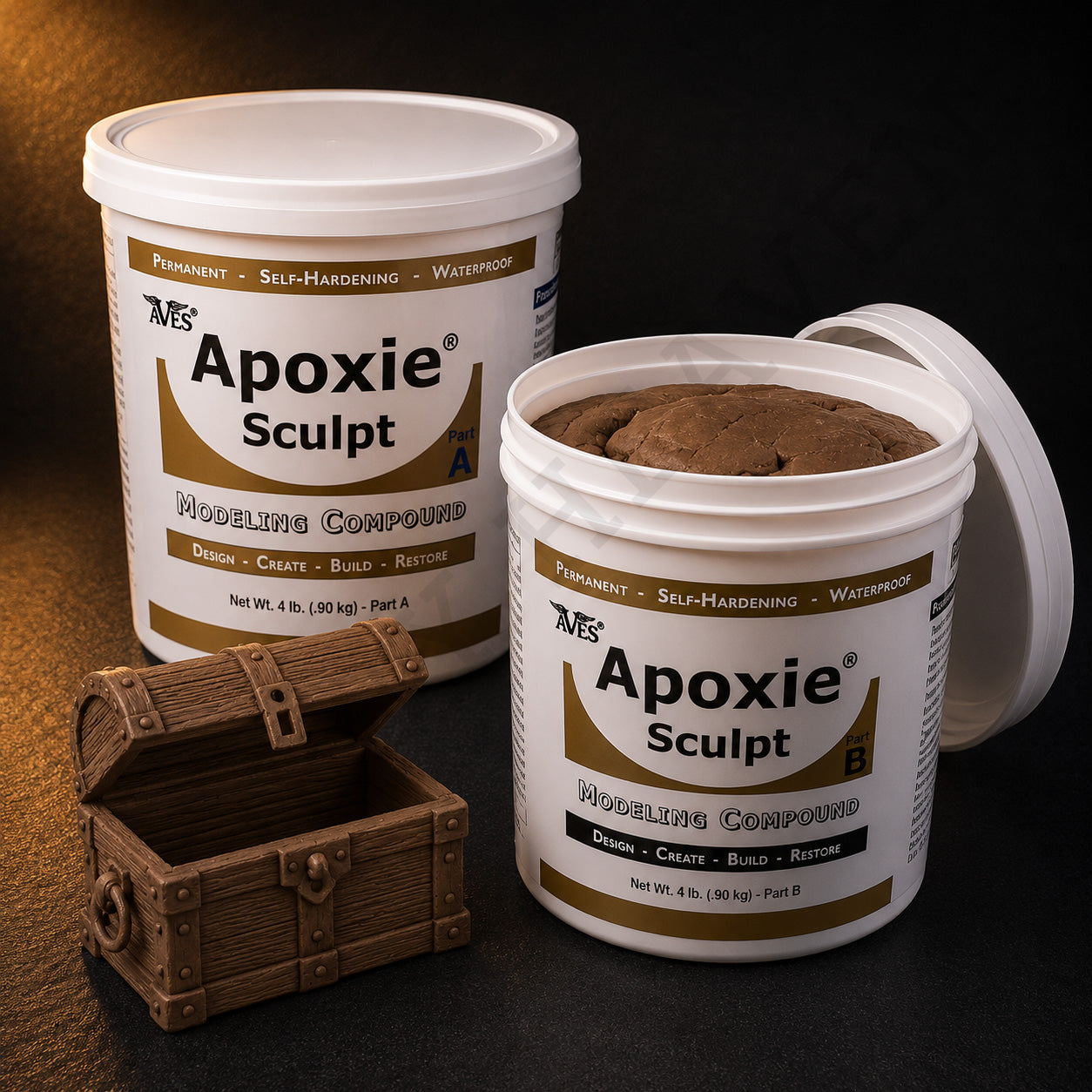 Aves Apoxie Sculpt 4lb Brown — large Part A and Part B tubs with brown putty visible, alongside a detailed sculpted miniature treasure chest with open lid and wood-grain texture