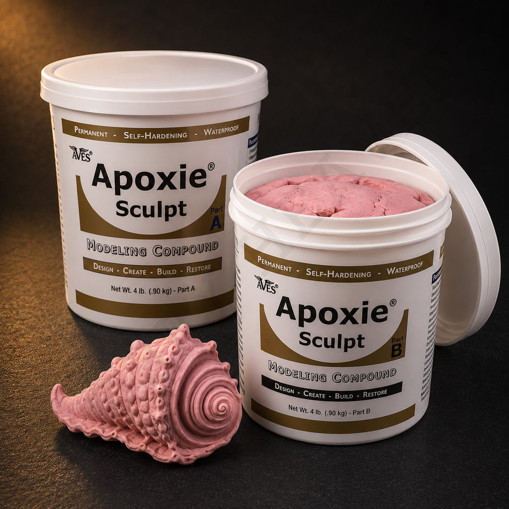Aves Apoxie Sculpt 4lb Pink — large Part A and Part B tubs with pink putty visible, alongside a detailed sculpted ornate spiral seashell
