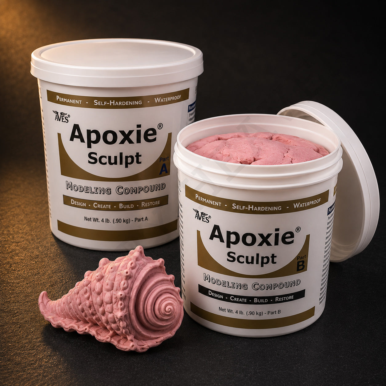 Aves Apoxie Sculpt 4lb Pink — large Part A and Part B tubs with pink putty visible, alongside a detailed sculpted ornate spiral seashell
