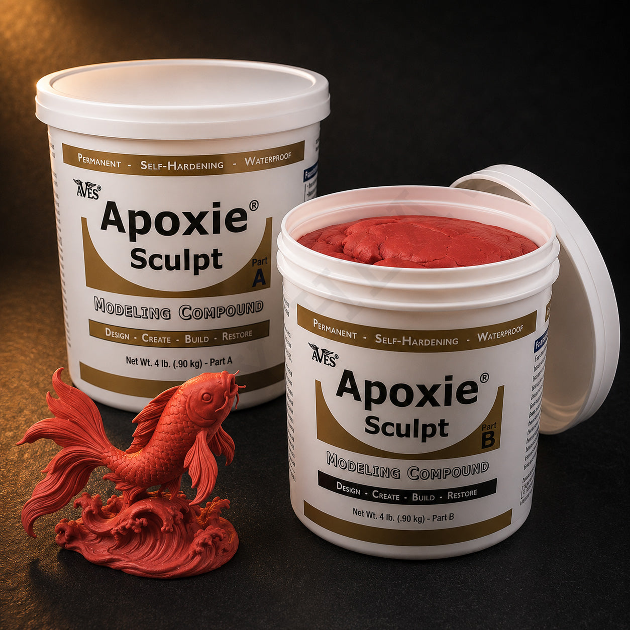 Aves Apoxie Sculpt 4lb Red — large Part A and Part B tubs with red putty visible, alongside a detailed sculpted koi fish leaping from waves