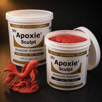 Aves Apoxie Sculpt 4lb Red — large Part A and Part B tubs with red putty visible, alongside a detailed sculpted koi fish leaping from waves
