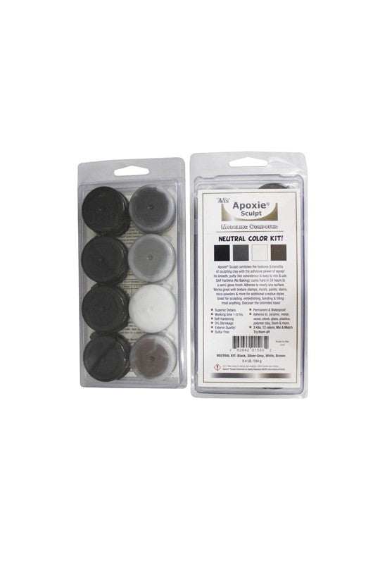 Aves Apoxie Sculpt Colour Tray Neutral 4 colour mixing kit front and back packaging image showing compact sample pod set for colour mixing and sculpting