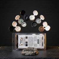 Aves Apoxie Sculpt Colour Tray Neutral 4 colour mixing kit with open sample pods in black, stone, silver grey and white displayed above product pack
