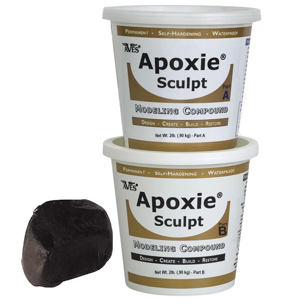 Aves Studio Apoxie Sculpt Black 4 lb with stacked Part A and Part B tubs and a black sample piece