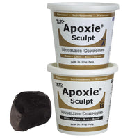 Aves Studio Apoxie Sculpt Black 4 lb with stacked Part A and Part B tubs and a black sample piece
