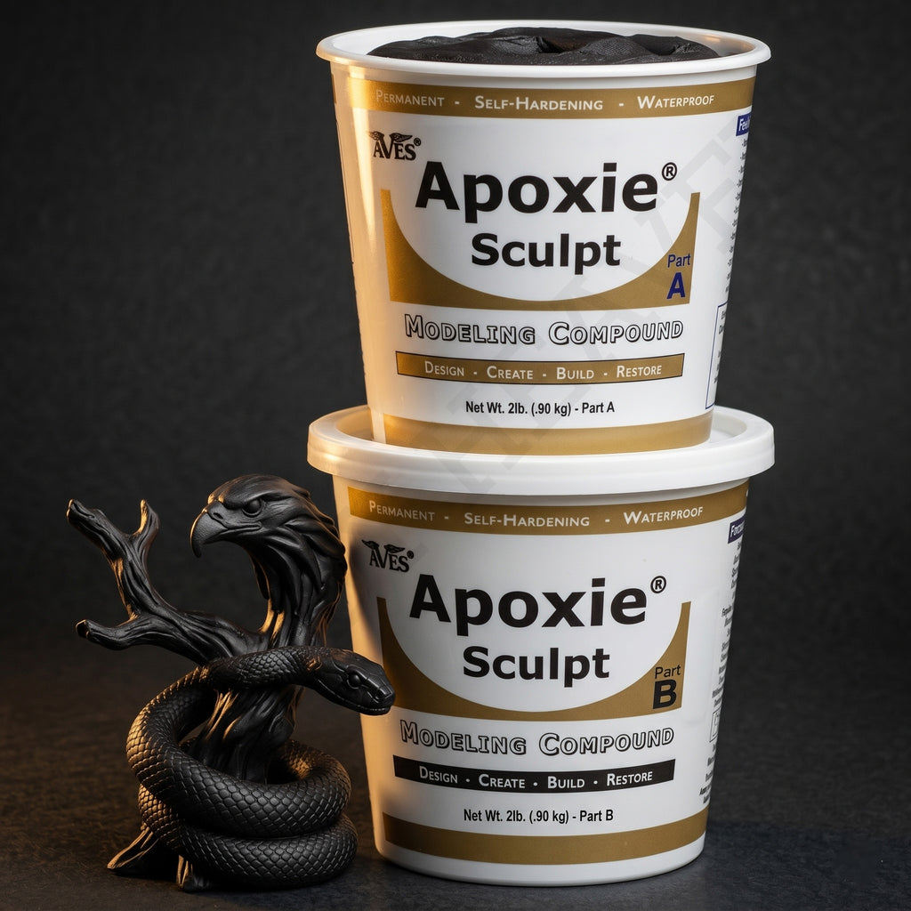 Aves Studio Apoxie Sculpt Black 4 lb with Part A and Part B tubs beside a black serpent sculpture