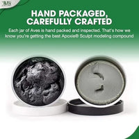 Aves Studio Apoxie Sculpt Black hand packaged and carefully crafted showing opened Part A and Part B compound
