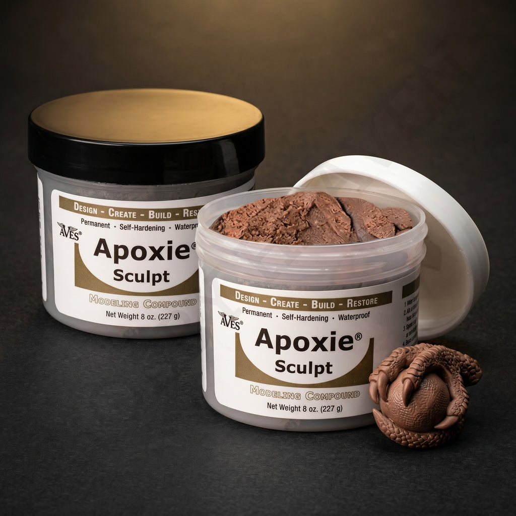 Aves Studio Apoxie Sculpt Brown 1 lb with Part A and Part B jars beside a brown dragon egg sculpture