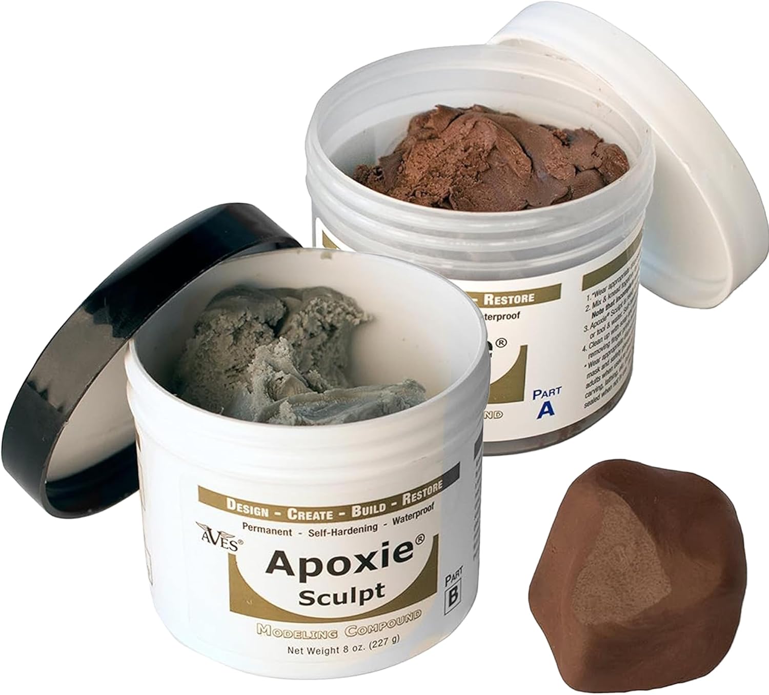 Aves Studio Apoxie Sculpt Brown 1 lb with opened Part A and Part B jars and a brown sample piece