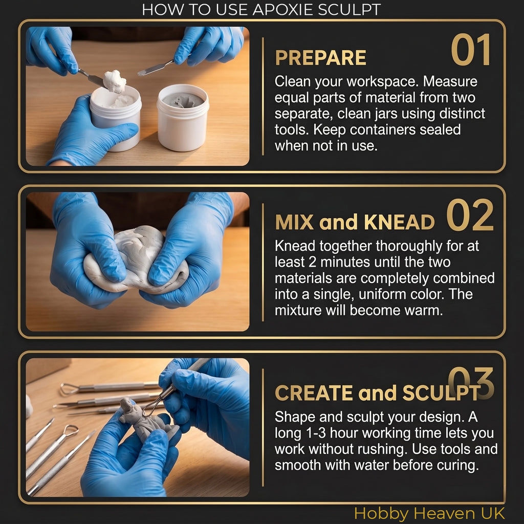 How to use Aves Studio Apoxie Sculpt step by step guide showing preparation, mixing, kneading and sculpting