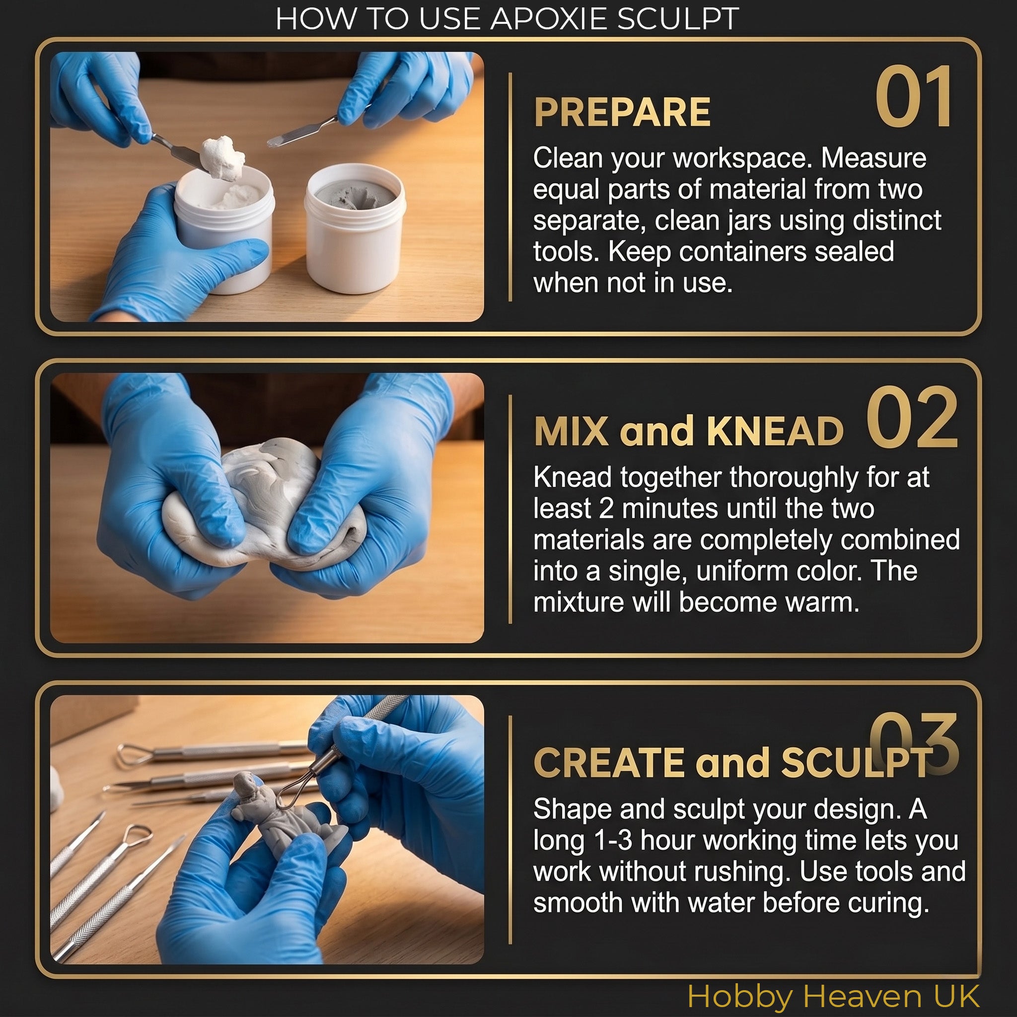 How to use Aves Studio Apoxie Sculpt step by step guide showing preparation, mixing, kneading and sculpting